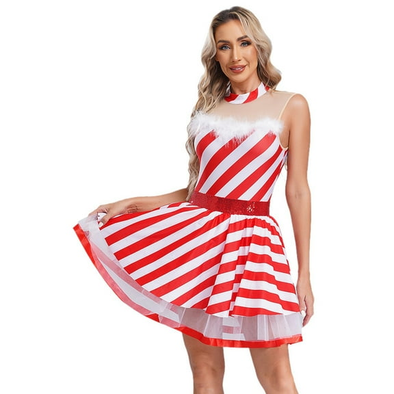 TiaoBug Womens Christmas Party Costume Sleeveless Candy Cane Figure Skating Dress Red S