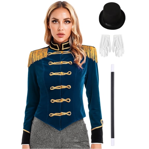 TiaoBug Womens Circus Jacket Coat Magic Show Outerwear Party Cosplay Costume with Accessories Set Dark Blue L