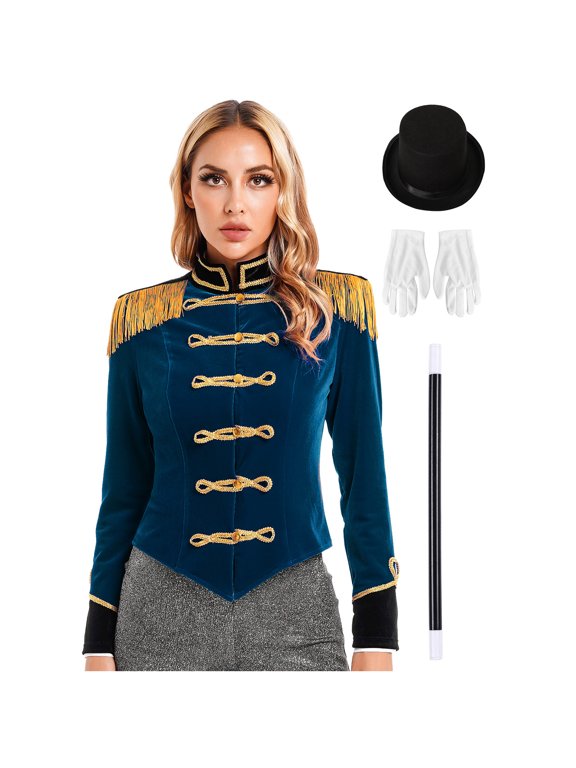 Womens Circus Jacket Coat Magic Show Outerwear Party Cosplay Costume with Accessories Set Dark Blue L
