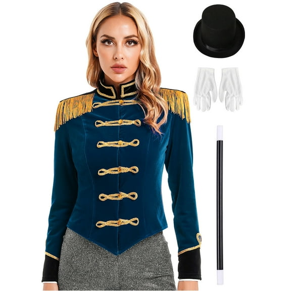 TiaoBug Womens Circus Jacket Coat Magic Show Outerwear Party Cosplay Costume with Accessories Set Dark Blue S