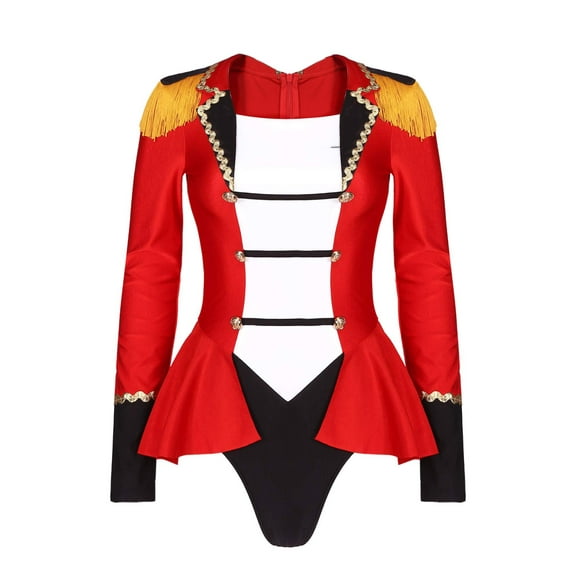 TiaoBug Womens Circus Ringmaster Costume Long Sleeve Bodysuit Tassel Tailcoat Halloween Cosplay Fancy Dress Red L