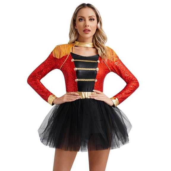 TiaoBug Womens Circus Ringmaster Costume One Piece Leotard Dress Halloween Party Lion Tamer Roleplay Tutu Dress Red 3XL