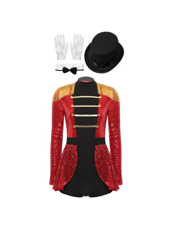 Womens Circus Ringmaster Costume Sequins Jumpsuit with Hat Bow Fake Collar and Gloves Outfits Red M