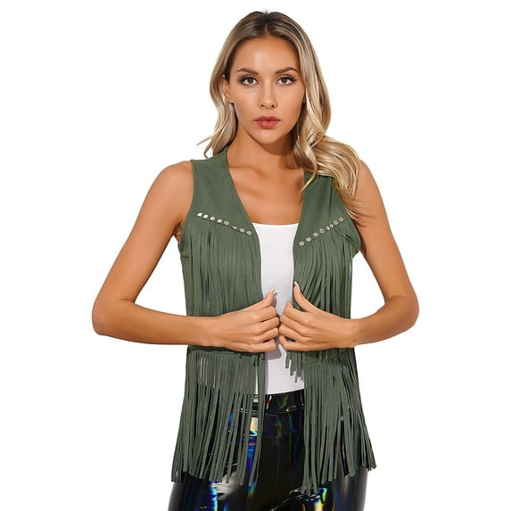 TiaoBug Womens Cowgirl Sleeveless Fringe Waistcoat Jacket Cowboy Tassel Vest Tank Tops Army Green S
