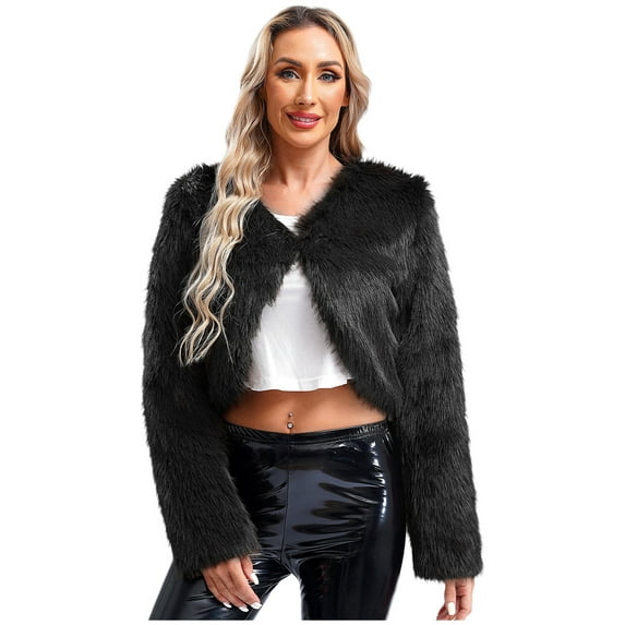 TiaoBug Womens Cropped Faux Fur Jacket Open Front Furry Short Coat Winter Cardigan Outerwear Black S