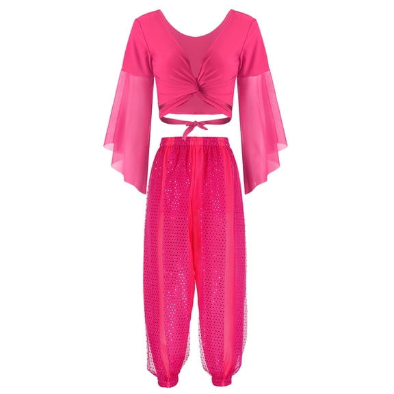 TiaoBug Womens Delly Dance Outfits Flare Sleeve Crop Top with Chiffon Harem Pants Dancewear Set Hot Pink One Size