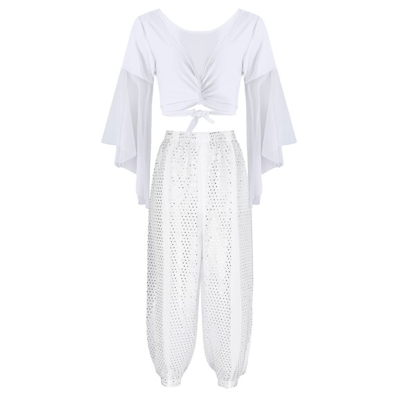 TiaoBug Womens Delly Dance Outfits Flare Sleeve Crop Top with Chiffon Harem Pants Dancewear Set White One Size