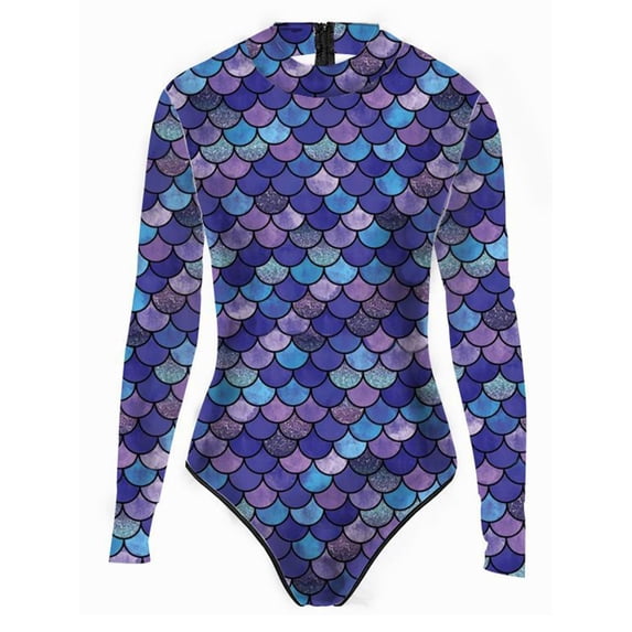 TiaoBug Womens Fish Scale Print Swimwear Long Sleeve Mermaid One-piece Surfing Diving Swimsuit Blue L
