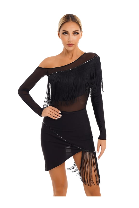 Womens Fringed Ballroom Costume Oblique Shoulder Long Sleeve Tango Salsa Latin Dance Dress Black XL