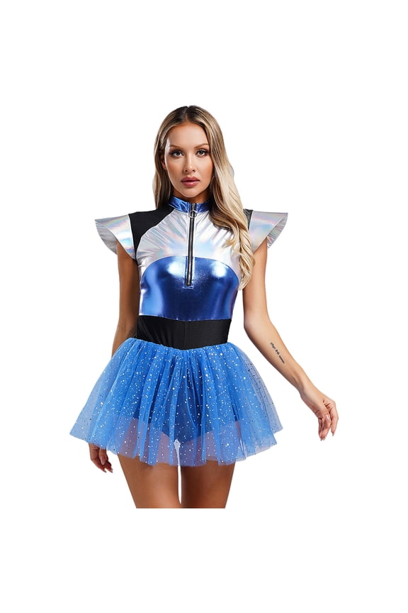 Womens Galaxy Space Cadet Astronaut Costume Halloween Interstellar Traveler Alien Jumpsuit Blue M