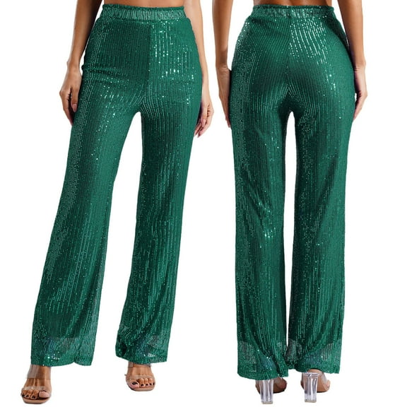 TiaoBug Womens Glitter Sequins Wide Leg Pants Rave Dance Fully Lining Loose Bling Trousers Green L