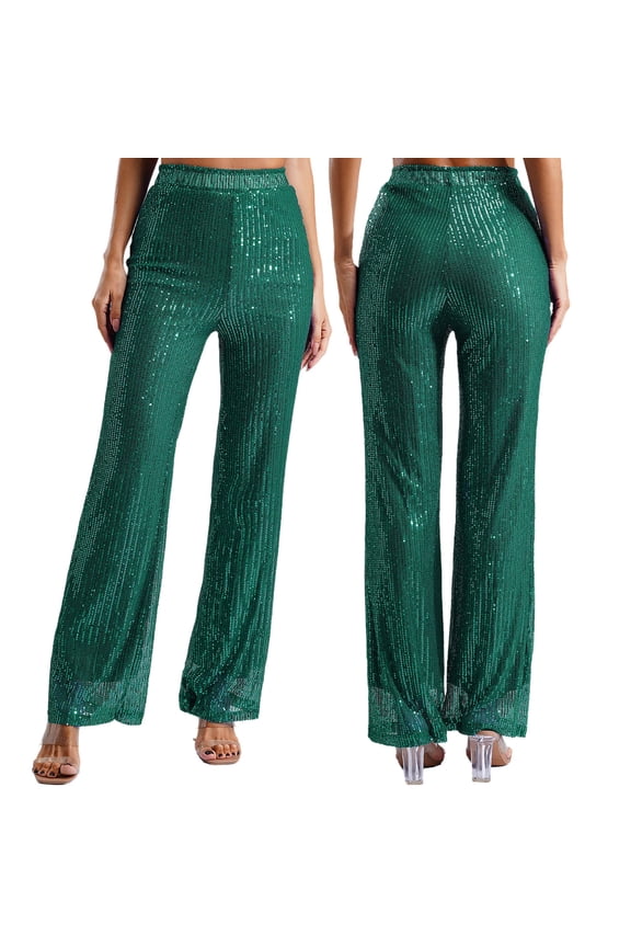 Womens Glitter Sequins Wide Leg Pants Rave Dance Fully Lining Loose Bling Trousers Green L