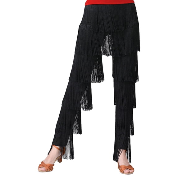 TiaoBug Womens Latin Dance Pants Tassel Fringe Ballroom Tango Cha Cha Stage Performance Pants Black L