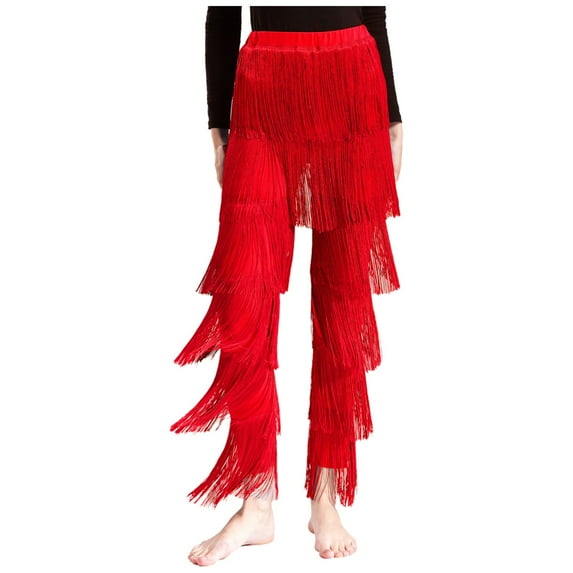 TiaoBug Womens Latin Dance Pants Tassel Fringe Ballroom Tango Cha Cha Stage Performance Pants Red XXL