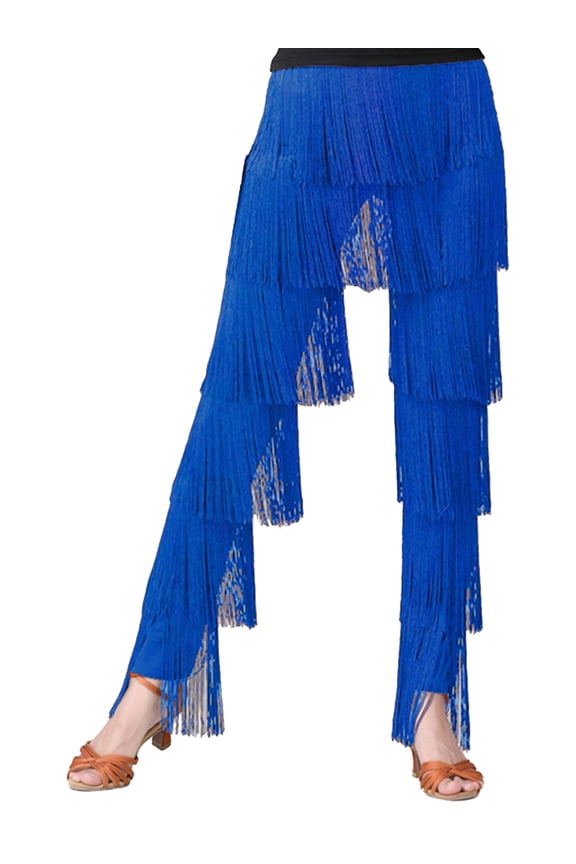 Womens Latin Dance Pants Tassel Fringe Ballroom Tango Cha Cha Stage Performance Pants Royal Blue XXL