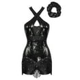 thumbnail image 1 of TiaoBug Womens Latin Jazz Dance Leotard Sequins Tassel Gymnastics Jumpsuit with Hair Tie Black L, 1 of 7