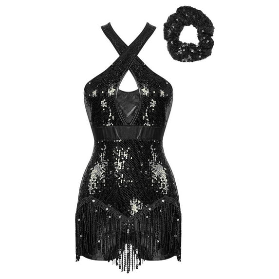 TiaoBug Womens Latin Jazz Dance Leotard Sequins Tassel Gymnastics Jumpsuit with Hair Tie Black S