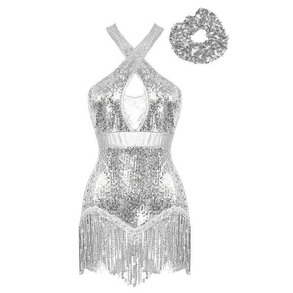 TiaoBug Womens Latin Jazz Dance Leotard Sequins Tassel Gymnastics Jumpsuit with Hair Tie Silver S