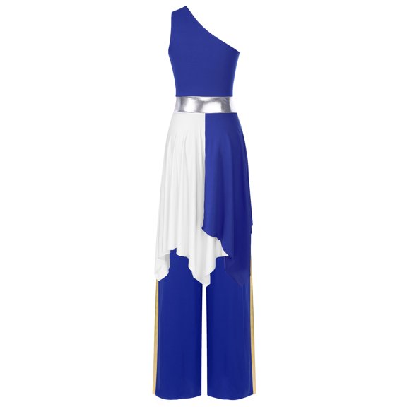 TiaoBug Womens Liturgical Modern Dance Performance Outfits One Shoulder Sleeveless Dress and Pants Set Royal Blue S