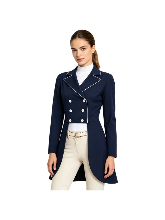 Womens Long Sleeve Double Breasted Tailored Equestrian Show Coat Horse Riding Jacket Navy Blue S