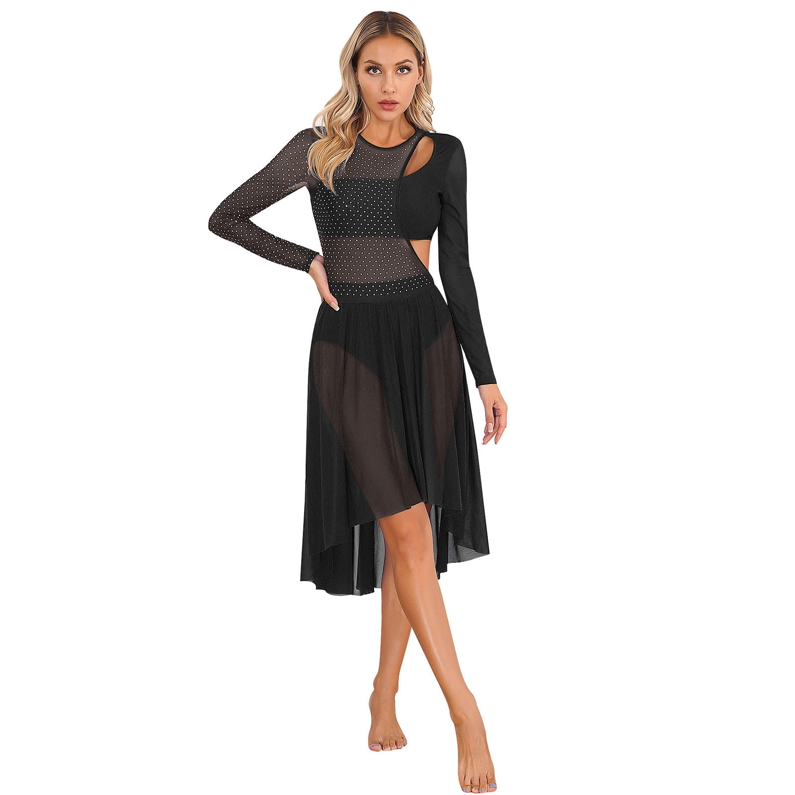 Women's Black Long Sleeve Latin Dance Dress | 3D Embroidery Fishbone Dress | Party & Performance Dress