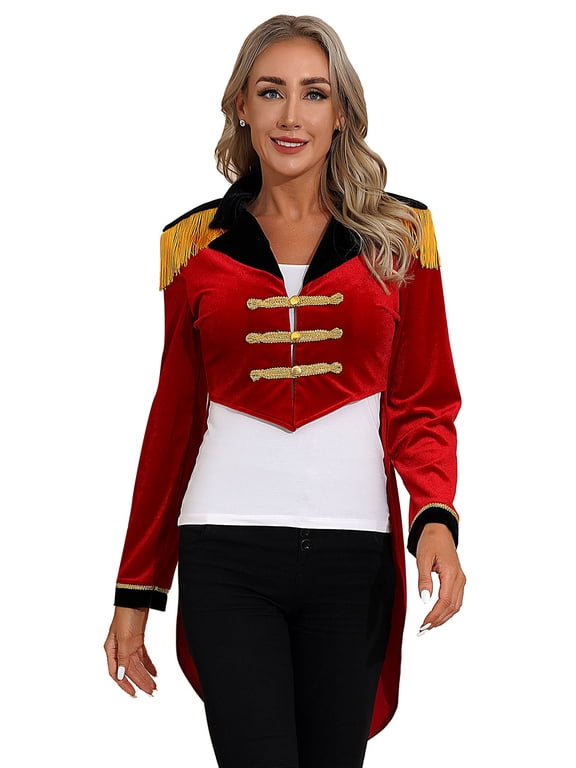 Womens Long Sleeve Velvet Tailcoat Blazer Circus Show Tassel Jacket Carnival Halloween Cosplay Costume Red S