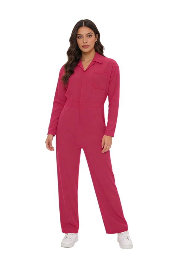 Womens Long Sleeves Coveralls Zipper Jumpsuit Stretchy Utility Work Overalls Mechanic Suit Workwear Hot Pink L
