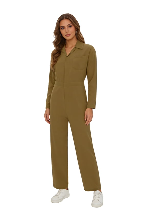 Womens Long Sleeves Coveralls Zipper Jumpsuit Stretchy Utility Work Overalls Mechanic Suit Workwear Khaki 3XL