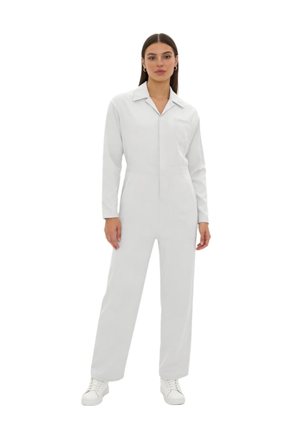 Womens Long Sleeves Coveralls Zipper Jumpsuit Stretchy Utility Work Overalls Mechanic Suit Workwear White S