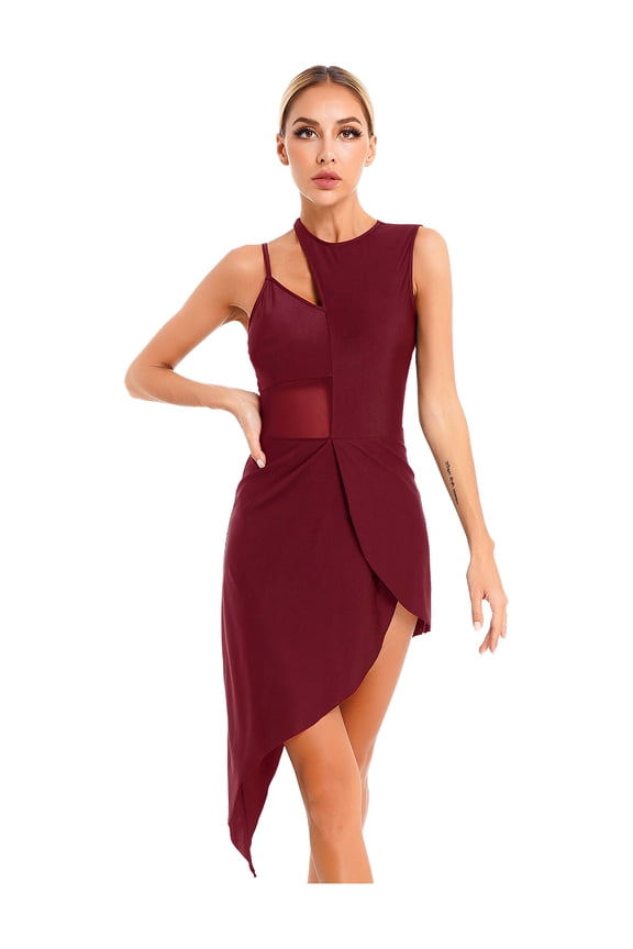 Womens Lyrical Dance Dresses Sleeveless Asymmetrical Ballroom Tango Latin Dance Dress Burgundy XXL