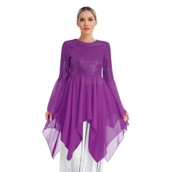 TiaoBug Womens Lyrical Dance Dress Sequins Long Sleeve Irregular Tulle Dress Tunic Purple XL
