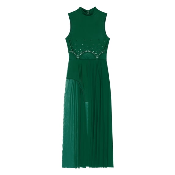 TiaoBug Womens Lyrical Dance Dress Sleeveless Side Split Leotard Dress Rhinestone Dancewear Green S