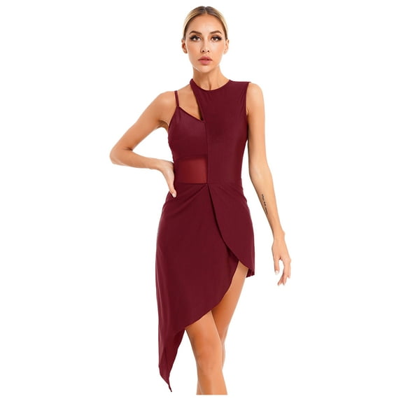 TiaoBug Womens Lyrical Dance Dresses Sleeveless Asymmetrical Ballroom Tango Latin Dance Dress Burgundy L