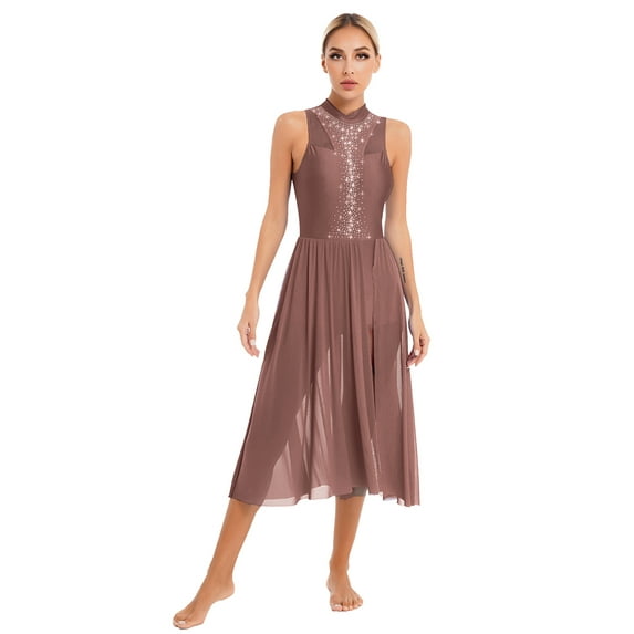 TiaoBug Womens Lyrical Dance Leotard Dress Sleeveless Ballet Dance Dress Side Split Dancewear Reddish Brown S