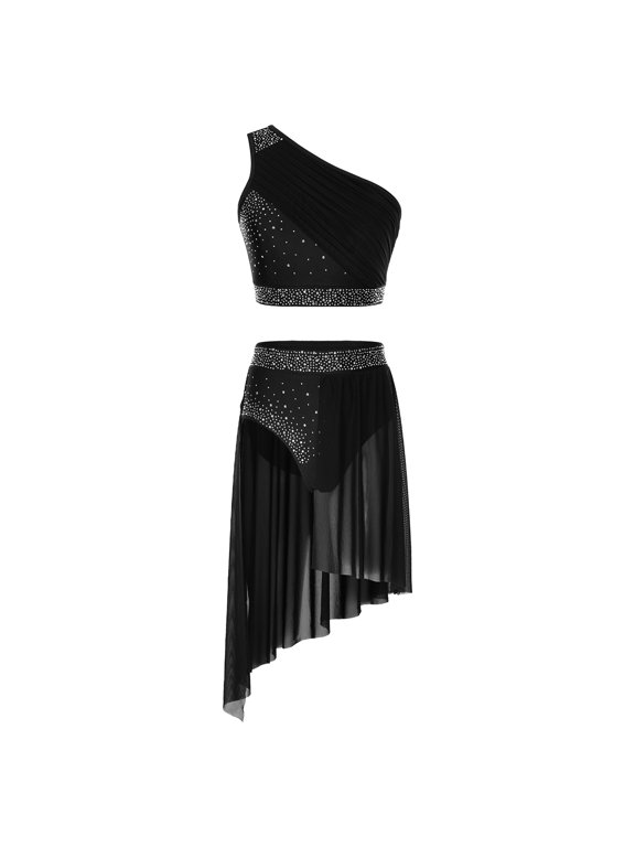 Womens Lyrical Modern Contemporary Dance Outfits One Shoulder Crop Top with Skirted Leotard Black S