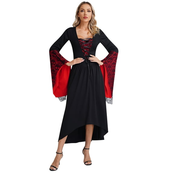 TiaoBug Womens Medieval Gothic Vintage Dress Skull Lace Flared Sleeve Victorian Steampunk Party Gowns Black&Red 3XL