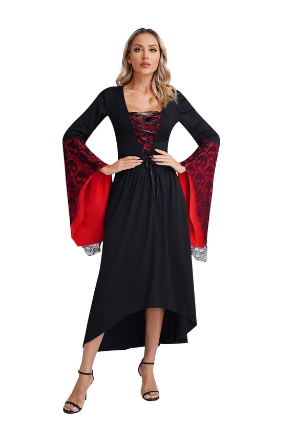 Womens Medieval Gothic Vintage Dress Skull Lace Flared Sleeve Victorian Steampunk Party Gowns Black&Red S