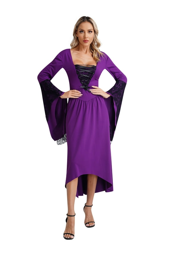 Womens Medieval Gothic Vintage Dress Skull Lace Flared Sleeve Victorian Steampunk Party Gowns Purple 4XL