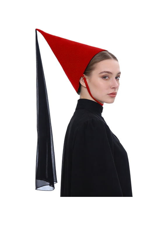 Womens Medieval Hennin Hat with Veil, Cone Pointy Hat for Party Wear Red Black One Size