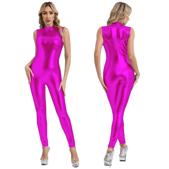 TiaoBug Womens Metallic Body Jumpsuit Shiny Sleeveless Dance Gymnastics Bodysuit Unitard Hot Pink One Size