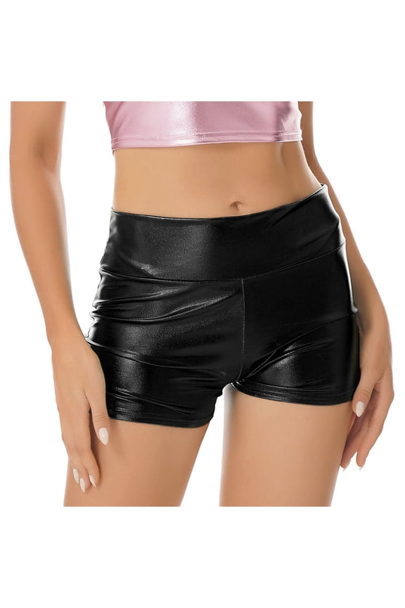 Womens Metallic Booty Shorts High Waisted Shiny Rave Bottoms Dance Festival Costumes Black L