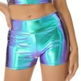 thumbnail image 1 of TiaoBug Womens Metallic Booty Shorts High Waisted Shiny Rave Bottoms Dance Festival Costumes Blue&Purple L, 1 of 7