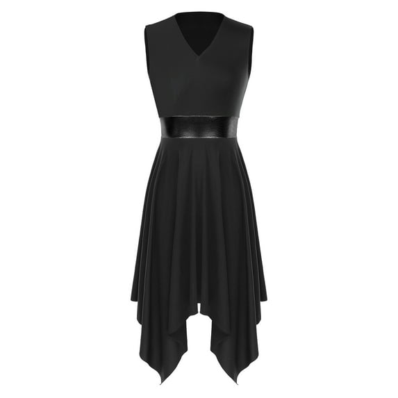 TiaoBug Womens Metallic Sleeveless Praise Dance Dress V Neck Asymmetrical Hem Worship Dance Costume Black M