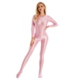thumbnail image 1 of TiaoBug Womens Oil Shiny Bodystocking Long Sleeve Full Body Jumpsuit Gymnastic Workout Leotard Bodysuit Pink M, 1 of 5