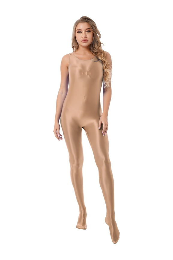 Womens Oil Sleeveless Bodycon Jumpsuit Sheer Full Body Sport Bodysuit Bodystocking Tight Swimsuit Coffee M