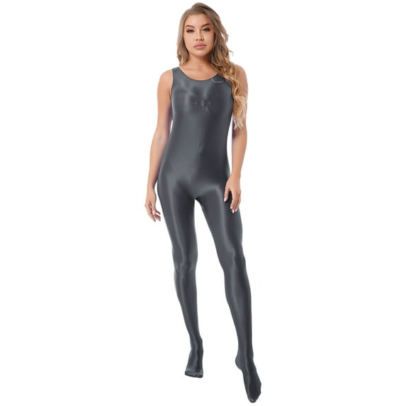 TiaoBug Womens Oil Sleeveless Bodycon Jumpsuit Sheer Full Body Sport Bodysuit Bodystocking Tight Swimsuit Dark Grey M
