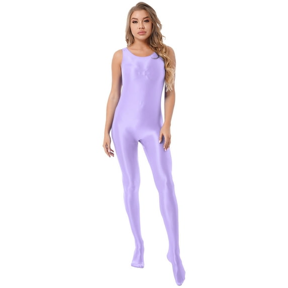 TiaoBug Womens Oil Sleeveless Bodycon Jumpsuit Sheer Full Body Sport Bodysuit Bodystocking Tight Swimsuit Light Purple M