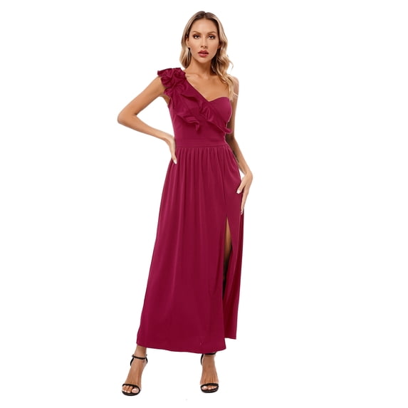 TiaoBug Womens One Shoulder Ruffle High Split Bodycon Maxi Dress Wedding Evening Party Gown Cocktail Clubwear Burgundy XXL