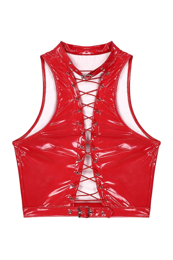Womens PU Leather Vest Sleeveless Crop Corset Top Rave Party Hollow Out Lace Up Tank Tops Red XXL