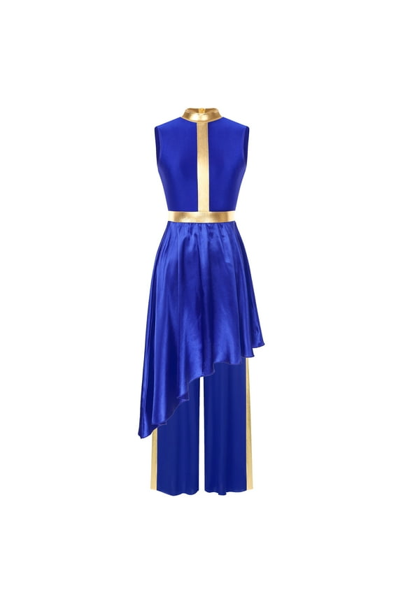 Womens Praise Worship Dance Overlay Tunic Asymmetrical Dance Dress with Loose Fit Pants Royal Blue S